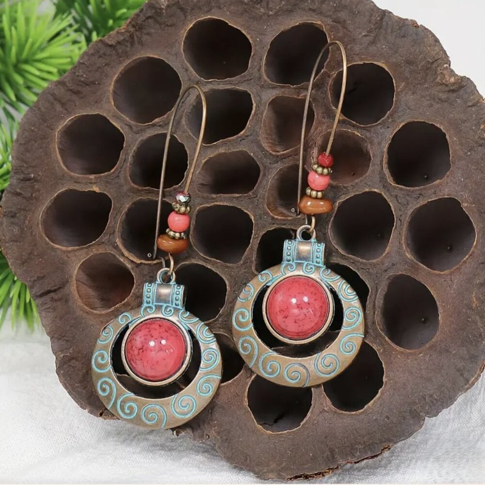 NEW Aberdine Handmade Boho Red and Blue Copper Beaded Drop Earrings - Picture 3 of 5